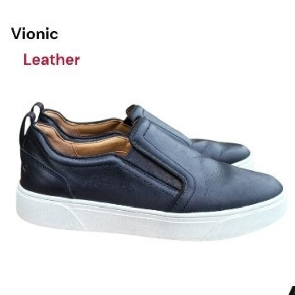 Vionic Shoes - Vionic Leather Kimmie Black White Slip On Tennis Shoe Loafer Sneaker Women 7.5